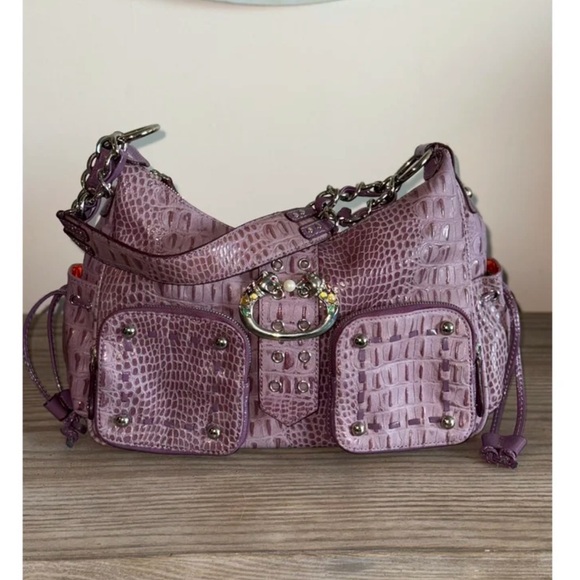 Sharif Studios Purple Crocodile Embossed Shoulder Bag with Panther Emblem - Picture 2 of 12